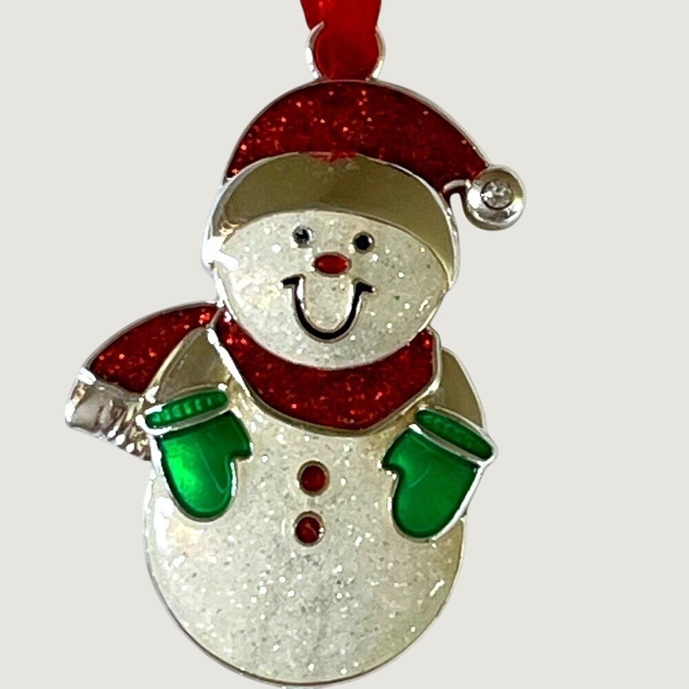 Harvey Lewis Snowman Ornament Festive Holiday Collectible Silvcr Tone Red Green